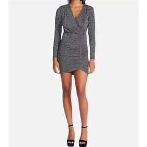 Betsey Johnson Black Silver Metallic Long Sleeve Cocktail Evening Mini Dress LG